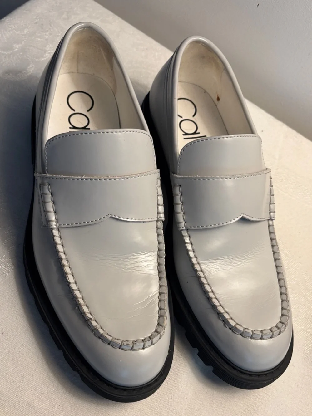 Calvin Klein Light Gray Blue Leather Penny Loafers with Black Lug Sole